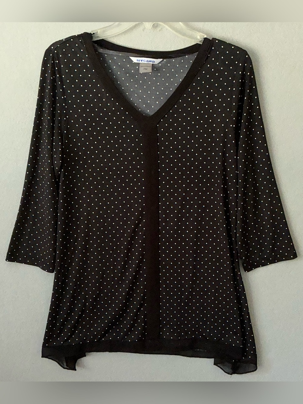 Nygard Polka Dot V-Neck Blouse PM Petite Medium Black White Sheer Chiffon Hem